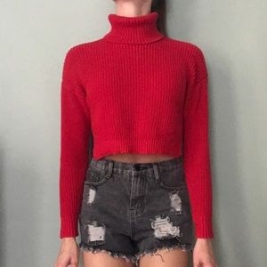 red cropped turtleneck sweater